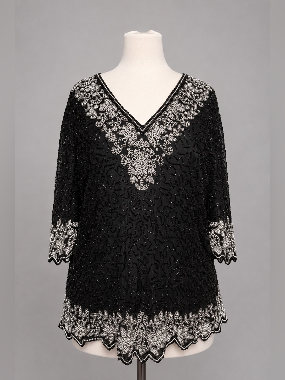 Lawrence Kazar 1X Black Silk Beaded Sequin Top Silver Evening Cocktail Vintage